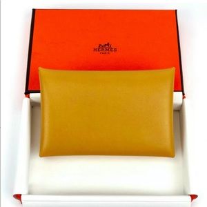 HERMES Calvi Card Wallet Bifold Curry/Blue Saphire
